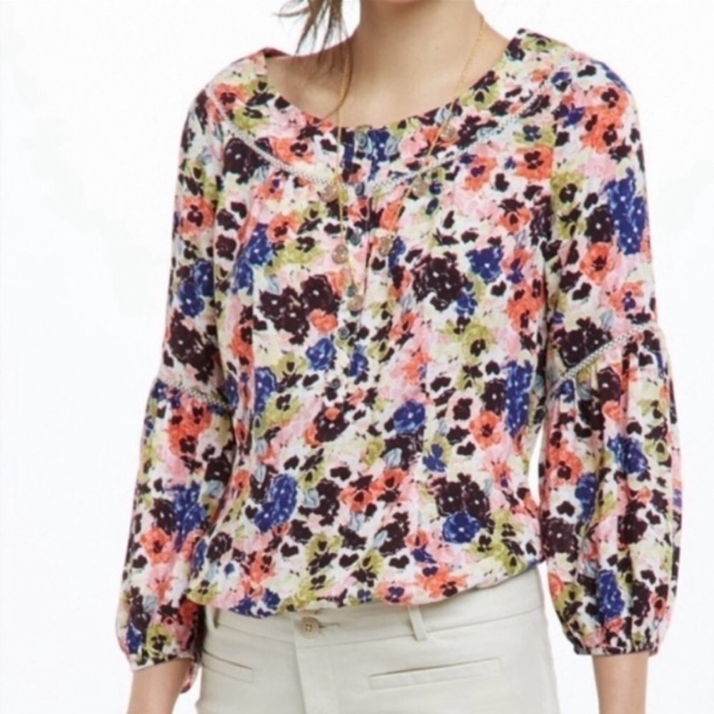 Maeve by Anthropologie Pansy Field Floral Peplum Peasant 3/4 Sleeve Top Size 4